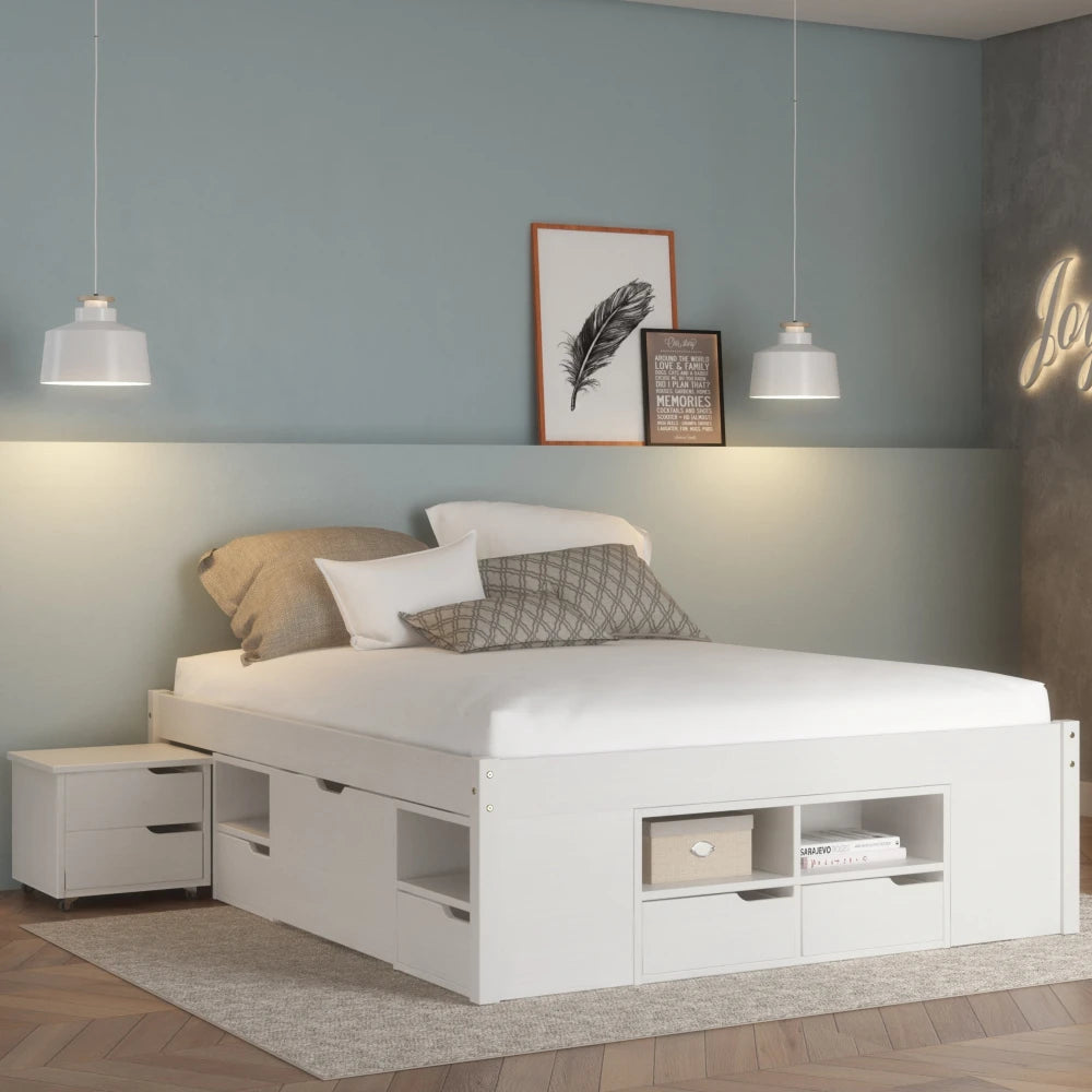 Cama Madera Maciza Con Cajones - Queen - Blanco