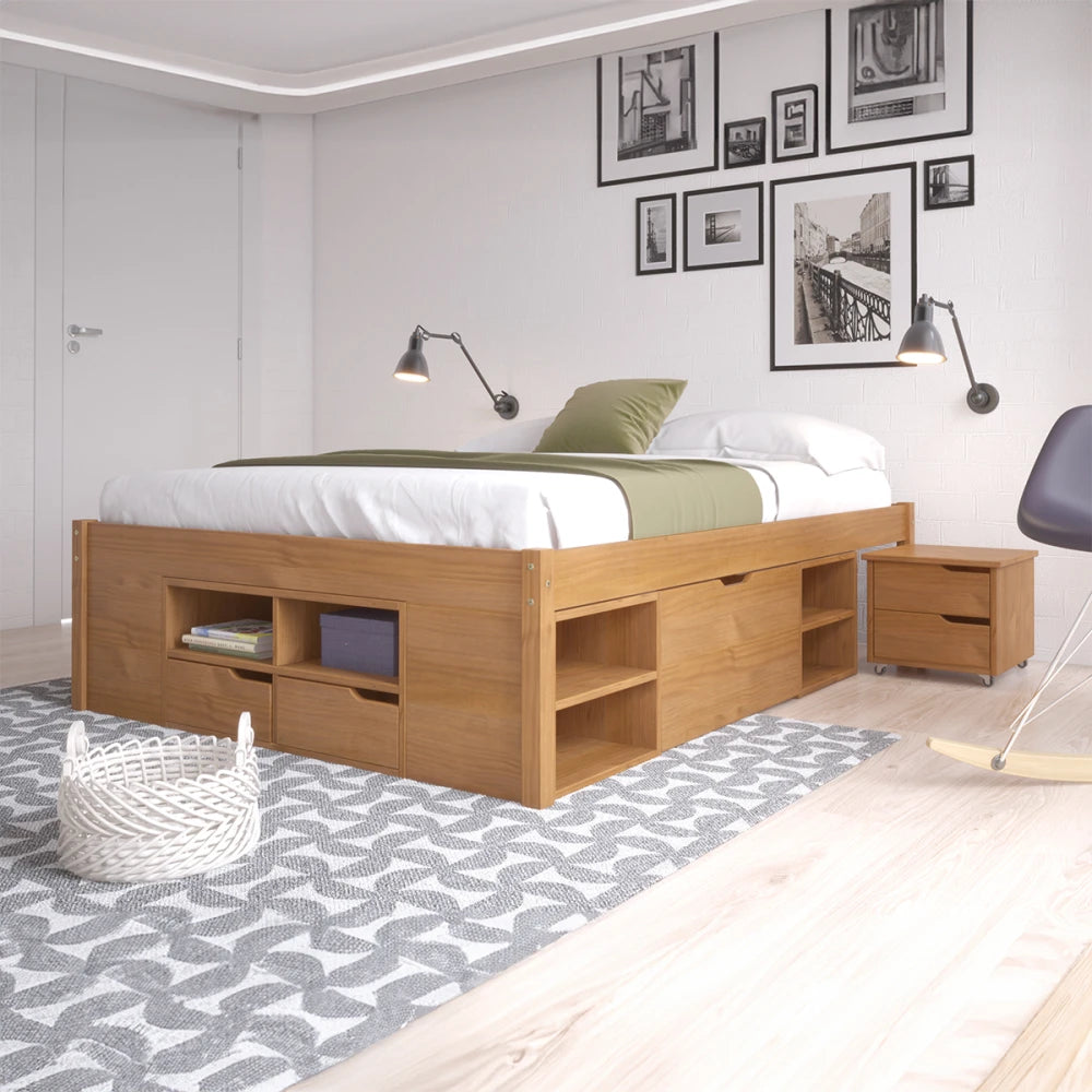 Cama Madera Maciza Con Cajones - Queen - Natural