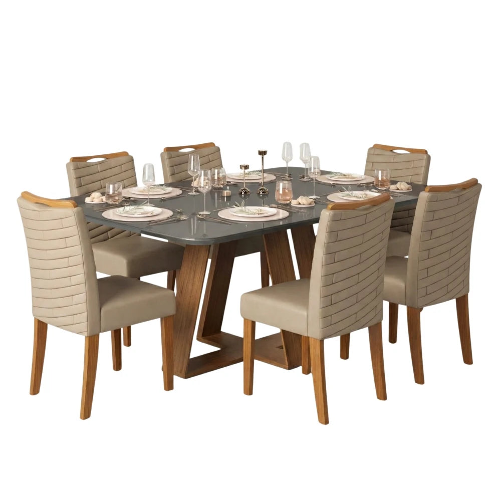 Juego De Comedor - 6 Sillas + Mesa Vidrio - Línea Paris - Marrón | Gris