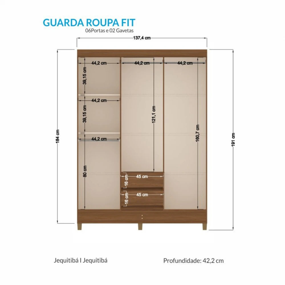 Ropero 6 puertas 2 cajones - Blanco - Linea FIT
