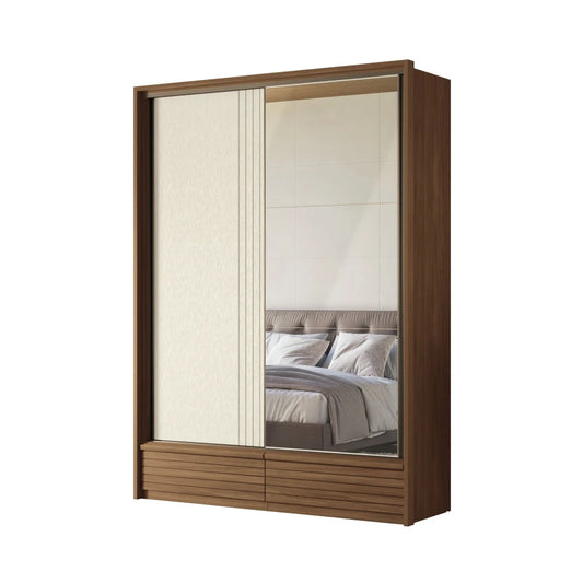Ropero 2 Puertas Corredizas y Espejo - Linea Fit - Marrón/Arena