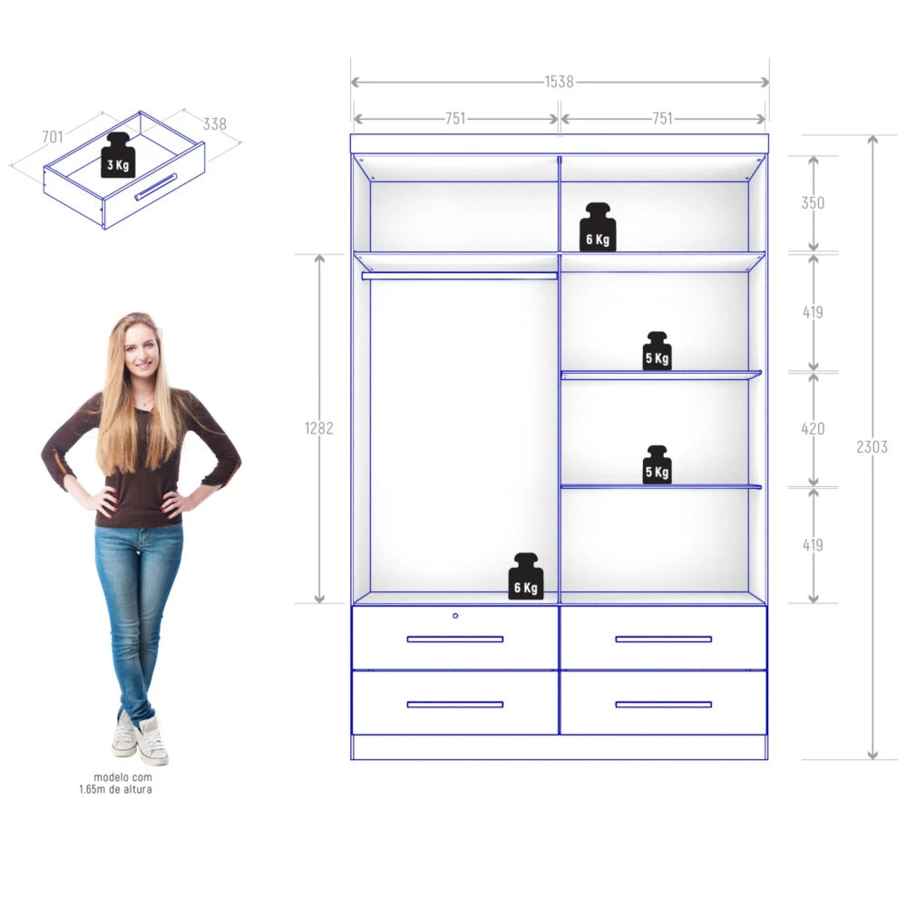 Ropero Max Plus 4 Puertas 4 Cajones - Línea Glam - Natural