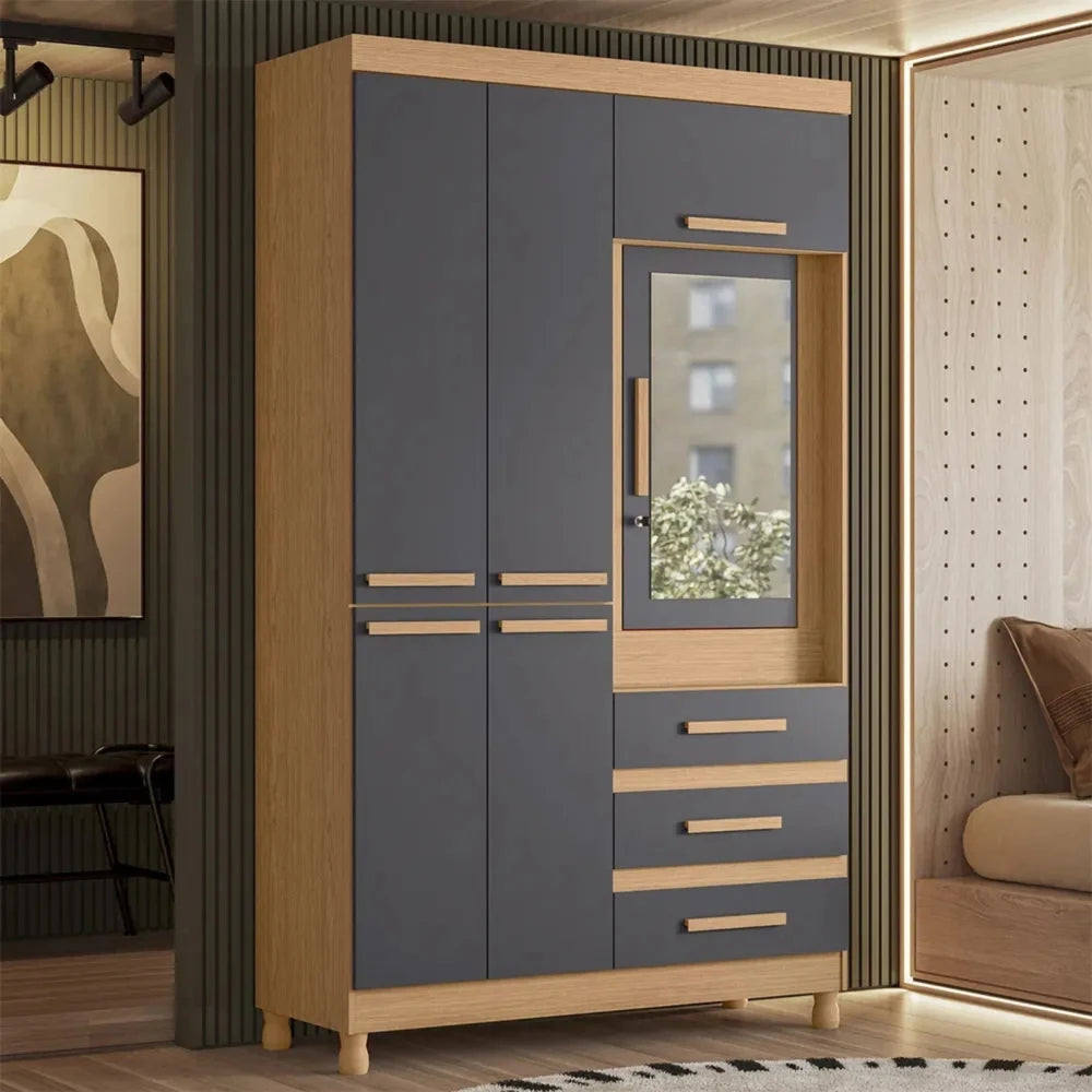 Ropero con Espejo 6 puertas 3 Caj - Línea FIT - Gris Oscuro