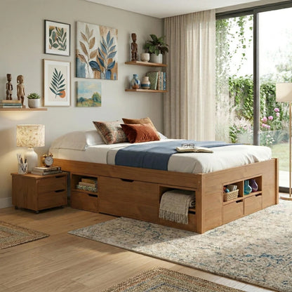 Cama Madera Maciza Con Cajones - Queen - Natural