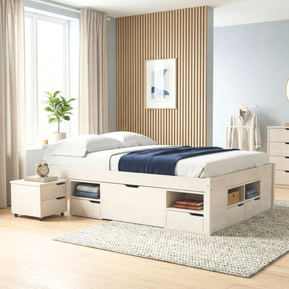 Cama Madera Maciza Con Cajones - Queen - Natural