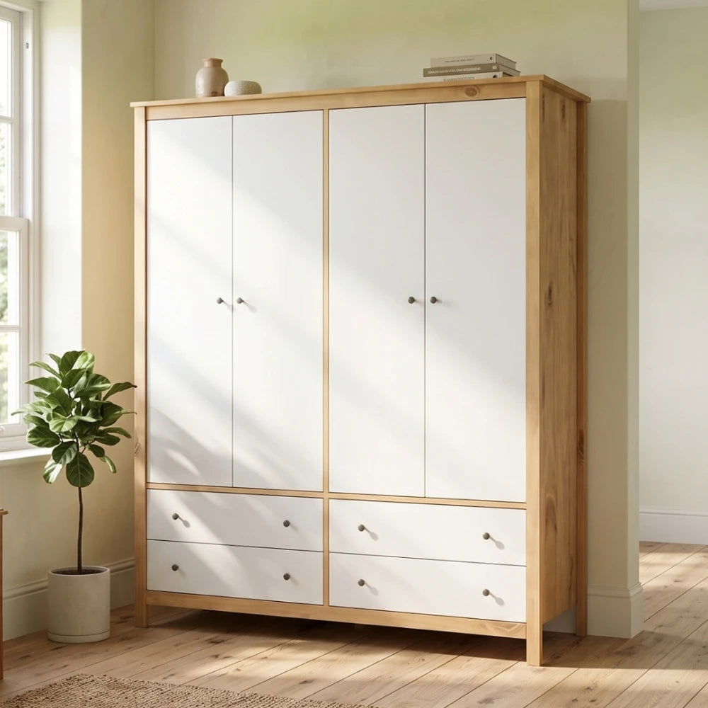 Ropero 4 Puertas 4 Cajones Madera Natural - Línea Maden - Blanco (copia)