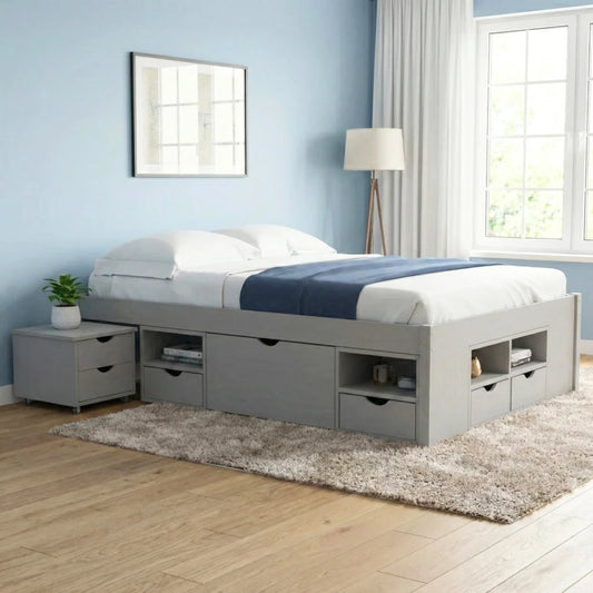 Cama Madera Maciza Con Cajones - 2 Plazas - Gris