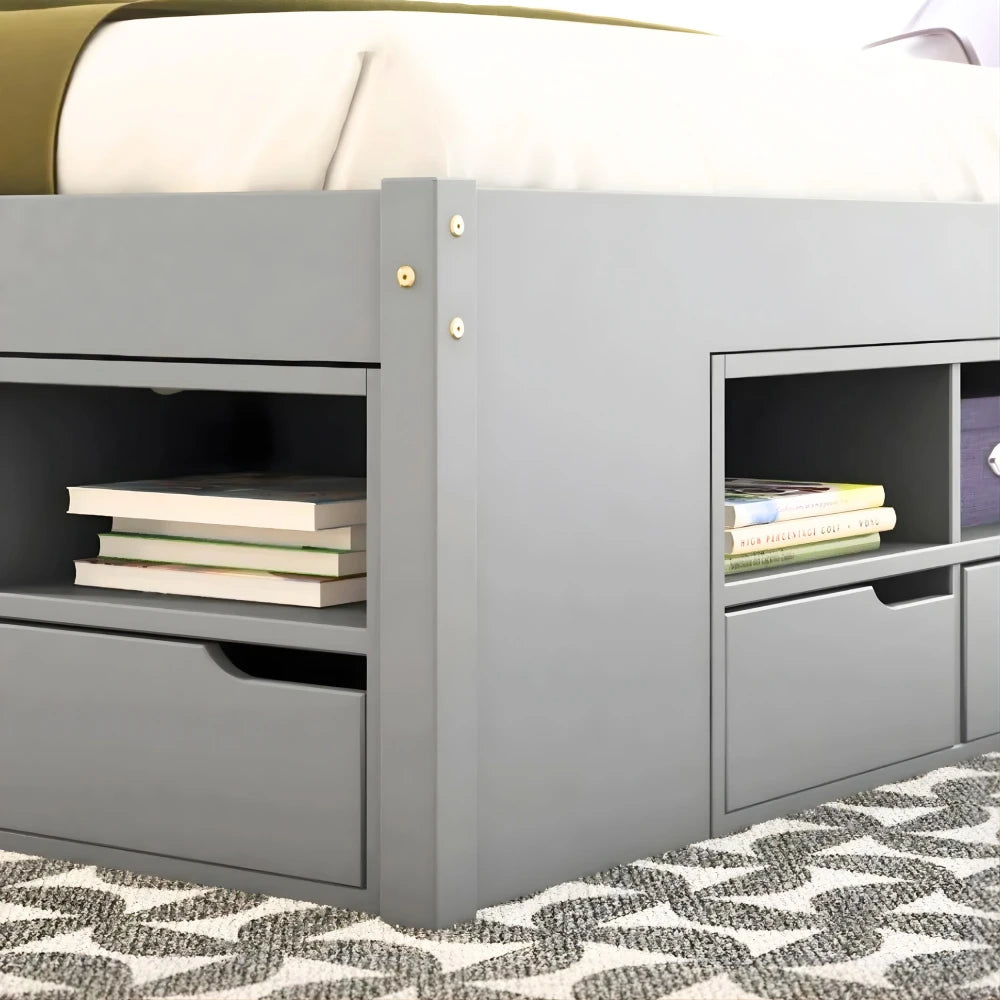 Cama Madera Maciza Con Cajones - 2 Plazas - Gris