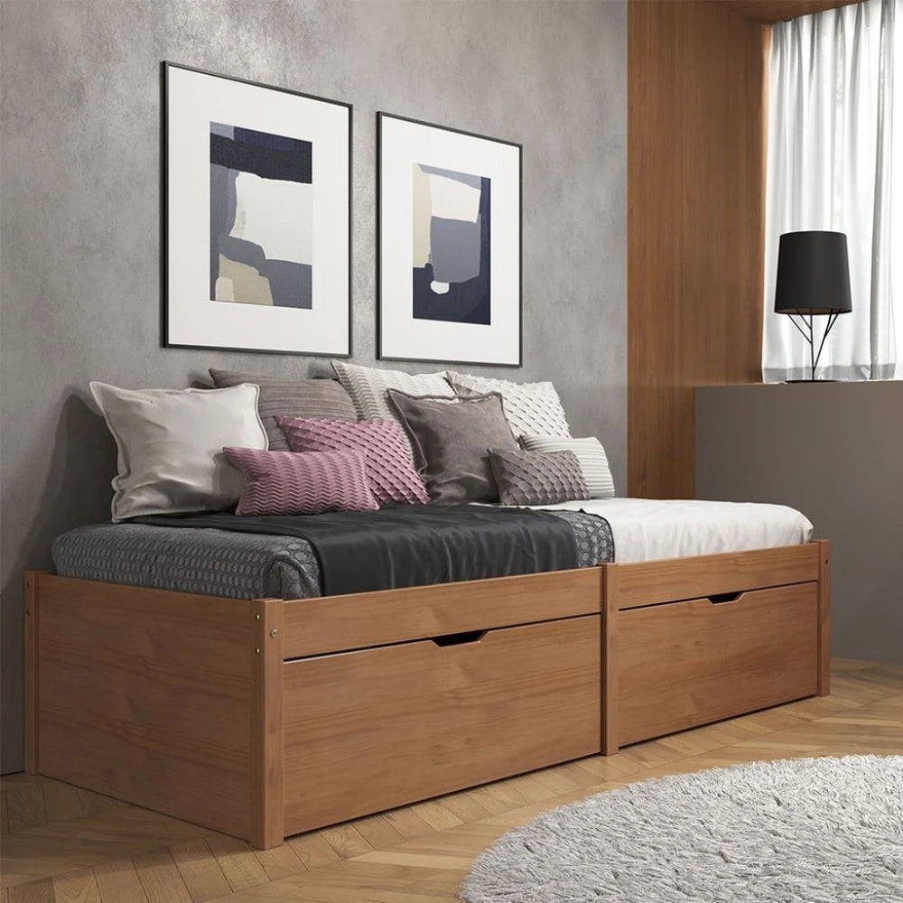 Cama Madera Maciza Con Cajones - 1 plaza - Linea beauty - Marrón
