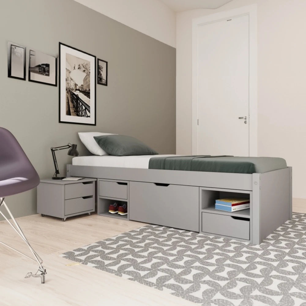 Cama Madera Maciza Con Cajones - 1 plaza - Línea Onix - Gris