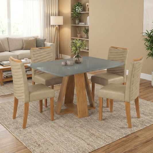 Juego De Comedor - 4 Sillas + Mesa Tapa De Vidrio - Linea París - Marrón | Gris