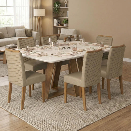 Juego De Comedor - 6 Sillas + Mesa Vidrio - Línea Paris - Marrón | Beige