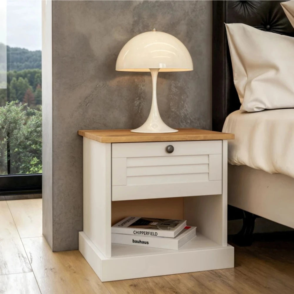 Mesa de Luz - 1 Cajon - 1 Estante - Línea Oslo - Blanco