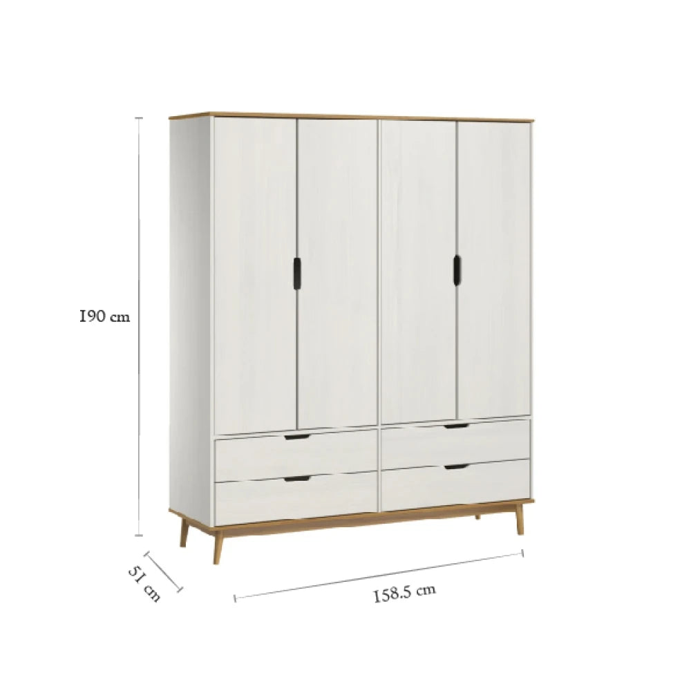 Ropero - 4 Puertas - 4 Cajones - Línea Praga - Roble/Blanco