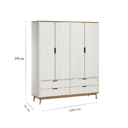 Ropero - 4 Puertas - 4 Cajones - Línea Praga - Roble/Blanco