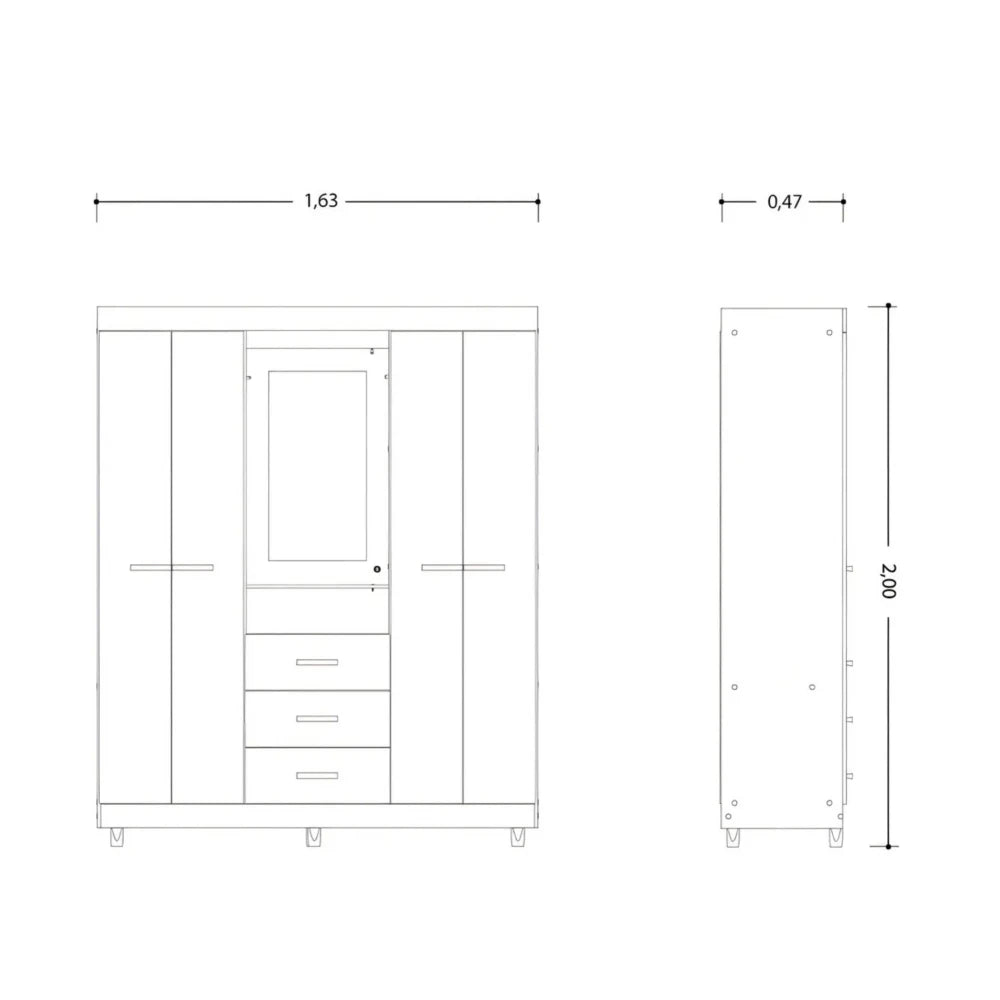 Ropero con Espejo 4 puertas y 3 cajones - Agata - Línea FIT
